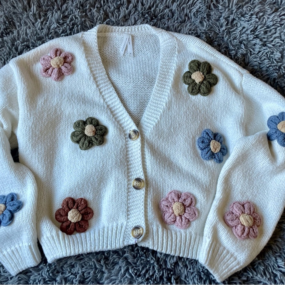 Floral Knit Cardigan with Button Closure